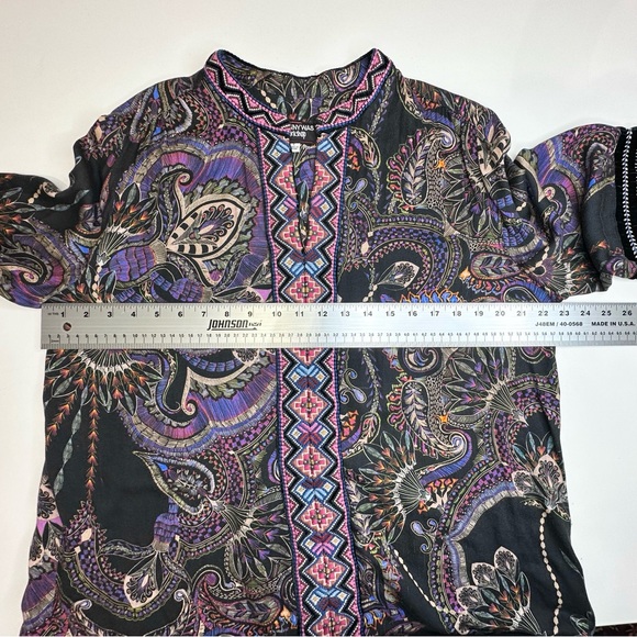 Johnny Was Paisley Print blouse w/black velvet trims and embroidery. SZ L EUC - Picture 8 of 12